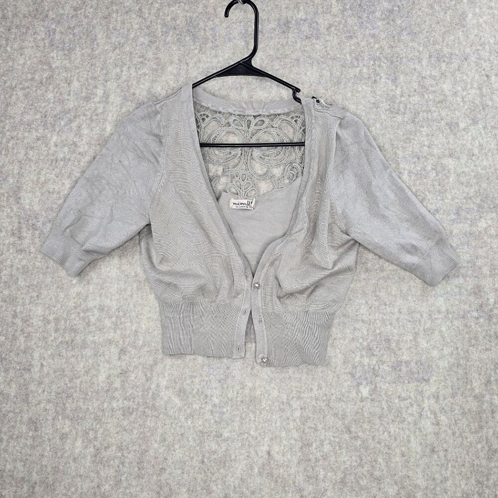 One World Womens Cardigan Silver Small Acrylic Cotton Blend Button Up Lace Back